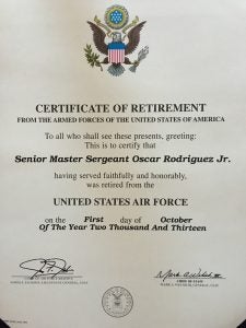 Oscar Rodriguez’s retirement certificate he received after his 33 years of honorable service.